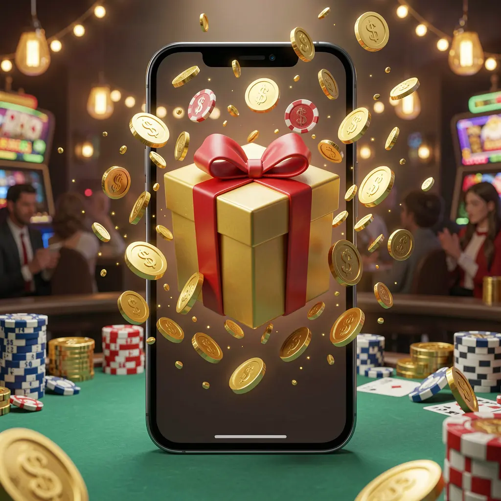 OKDD mobile casino bonus app concept showing a phone screen with a gift box and coins bursting out in a festive casino atmosphere OKDD mobile casino bonus app concept showing a phone screen with a gift box and coins bursting out in a festive casino atmosphere