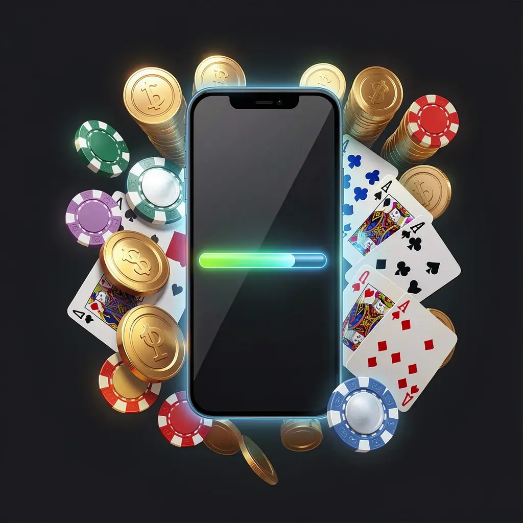 OKDD casino app installation on smartphone with glowing progress bar, surrounded by coins, chips, and cards on a dark background OKDD casino app installation on smartphone with glowing progress bar, surrounded by coins, chips, and cards on a dark background