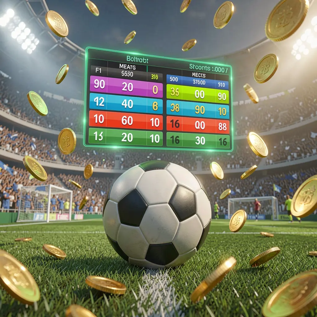 OKDD sports betting page visual showing a packed football stadium with a soccer ball in the foreground, floating digital odds interface, and golden coins flying in a realistic 3D illustration OKDD sports betting page visual showing a packed football stadium with a soccer ball in the foreground, floating digital odds interface, and golden coins flying in a realistic 3D illustration