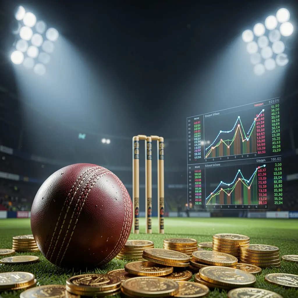 OKDD cricket betting page background featuring a cricket ball in the foreground with wickets behind, dramatic stadium floodlights, golden coins, and glowing data charts OKDD cricket betting page background featuring a cricket ball in the foreground with wickets behind, dramatic stadium floodlights, golden coins, and glowing data charts