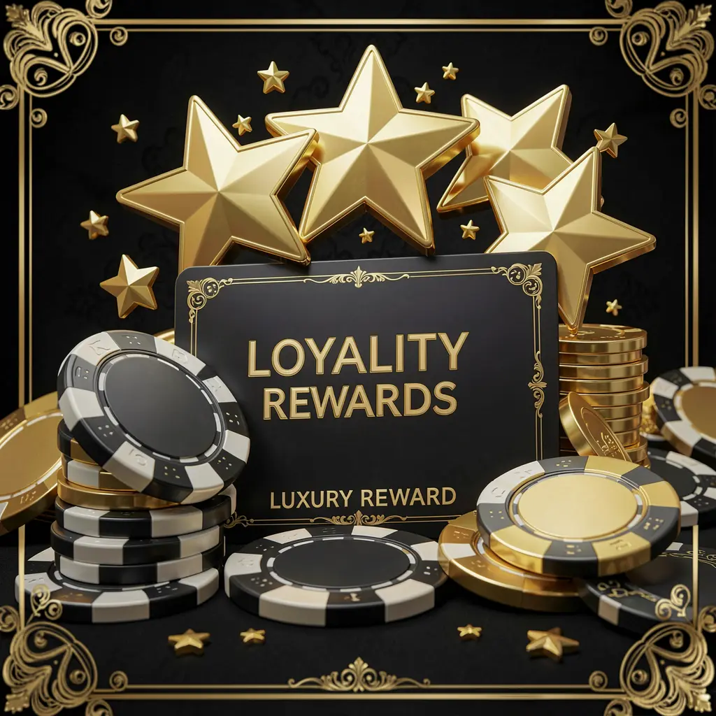 OKDD loyalty rewards casino image featuring golden stars, poker chips, coins, and a luxury reward card on an elegant black and gold background in a realistic 3D render OKDD loyalty rewards casino image featuring golden stars, poker chips, coins, and a luxury reward card on an elegant black and gold background in a realistic 3D render