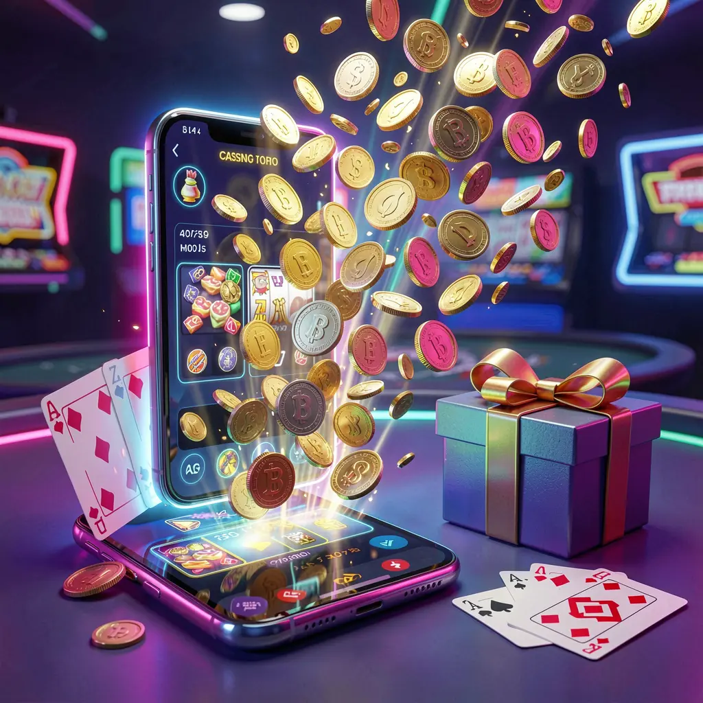 OKDD mobile casino bonus banner featuring a smartphone with coins bursting from the screen, a gift box and playing cards nearby, all illuminated by a bright neon glow in a premium realistic 3D render OKDD mobile casino bonus banner featuring a smartphone with coins bursting from the screen, a gift box and playing cards nearby, all illuminated by a bright neon glow in a premium realistic 3D render