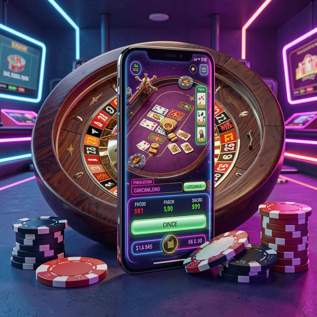 OKDD online casino platform concept with smartphone displaying glowing casino interface, surrounded by roulette wheel and poker chips on a premium neon background OKDD online casino platform concept with smartphone displaying glowing casino interface, surrounded by roulette wheel and poker chips on a premium neon background