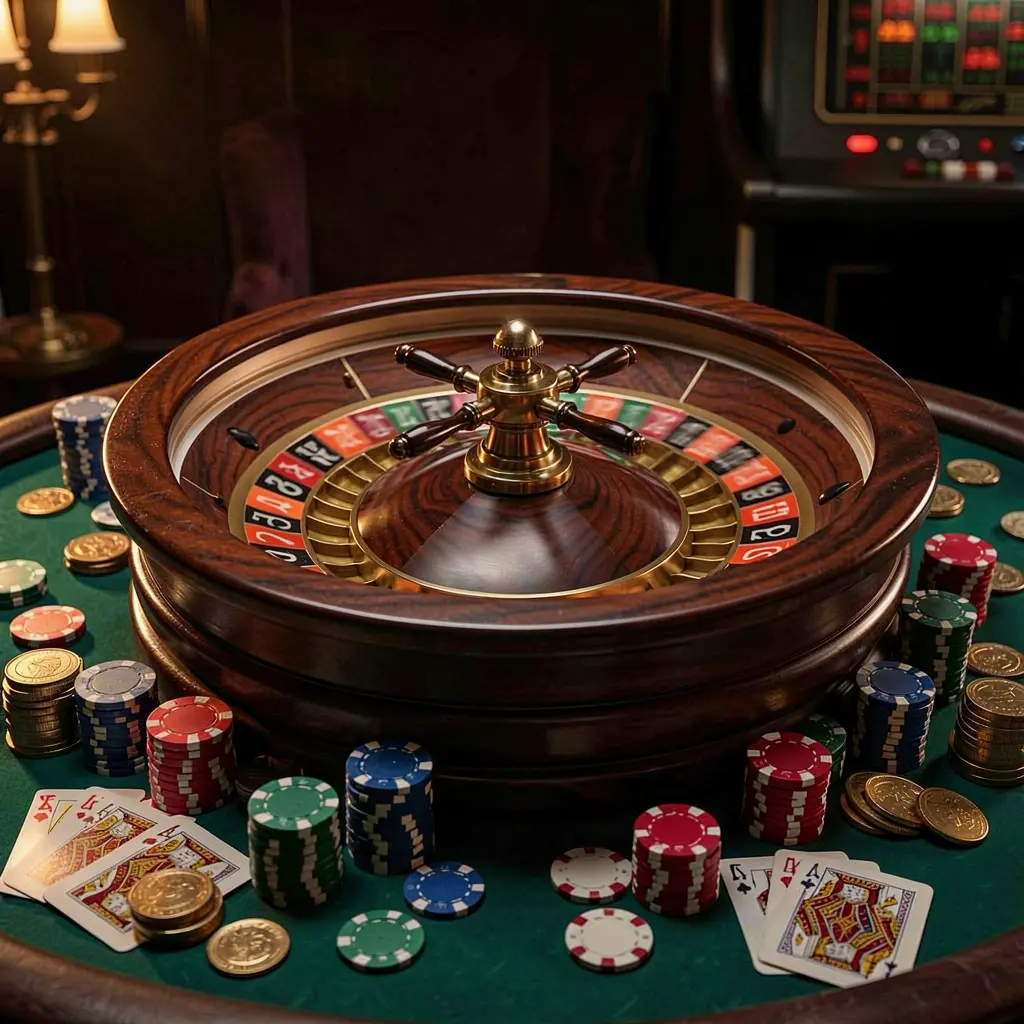 Classic casino scene featuring a spinning roulette wheel, scattered chips, playing cards, and coins on an elegant dark table, illuminated with cinematic lighting, showcasing the OKDD brand ambiance Classic casino scene featuring a spinning roulette wheel, scattered chips, playing cards, and coins on an elegant dark table, illuminated with cinematic lighting, showcasing the OKDD brand ambiance