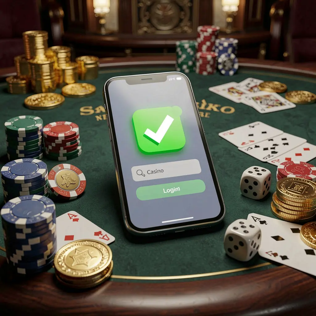 OKDD safe casino login concept showing a smartphone with verification checkmark icon surrounded by chips, cards, dice, and golden coins on an elegant luxury casino table in a 3D realistic render OKDD safe casino login concept showing a smartphone with verification checkmark icon surrounded by chips, cards, dice, and golden coins on an elegant luxury casino table in a 3D realistic render