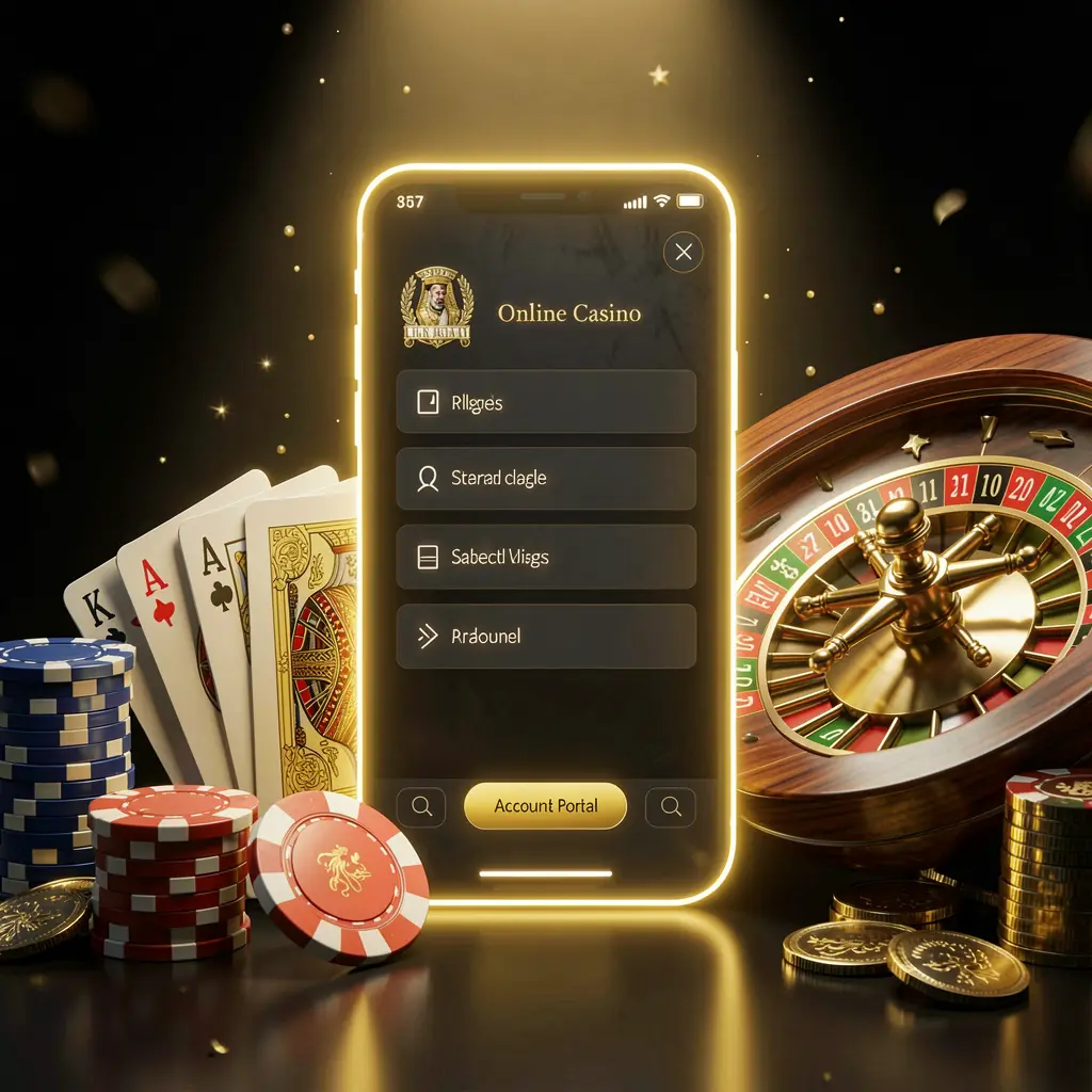 OKDD online casino account portal visual featuring a glowing smartphone, premium cards, chips, roulette wheel, and coins against a black and gold background with cinematic lighting in a realistic 3D render OKDD online casino account portal visual featuring a glowing smartphone, premium cards, chips, roulette wheel, and coins against a black and gold background with cinematic lighting in a realistic 3D render