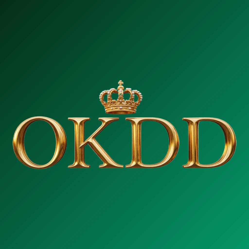 OKDD luxury brand logo with a gold metallic crown above the letters, featuring a royal design and a wide horizontal rectangular wordmark on a transparent background OKDD luxury brand logo with a gold metallic crown above the letters, featuring a royal design and a wide horizontal rectangular wordmark on a transparent background