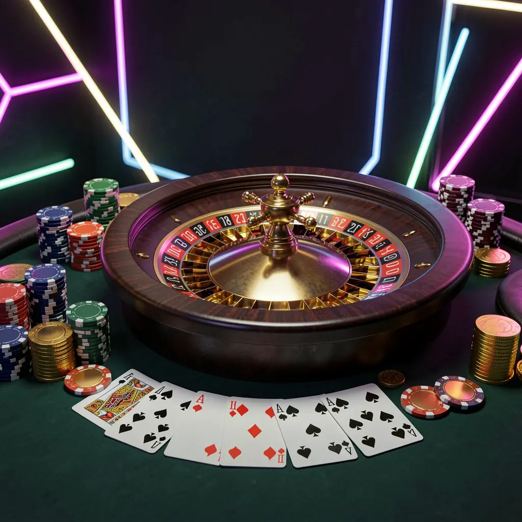 Luxury casino table with roulette wheel, poker chips, playing cards, and golden coins on a dark premium background with neon glow, showcasing OKDD online casino homepage hero banner in a cinematic 3D render Luxury casino table with roulette wheel, poker chips, playing cards, and golden coins on a dark premium background with neon glow, showcasing OKDD online casino homepage hero banner in a cinematic 3D render